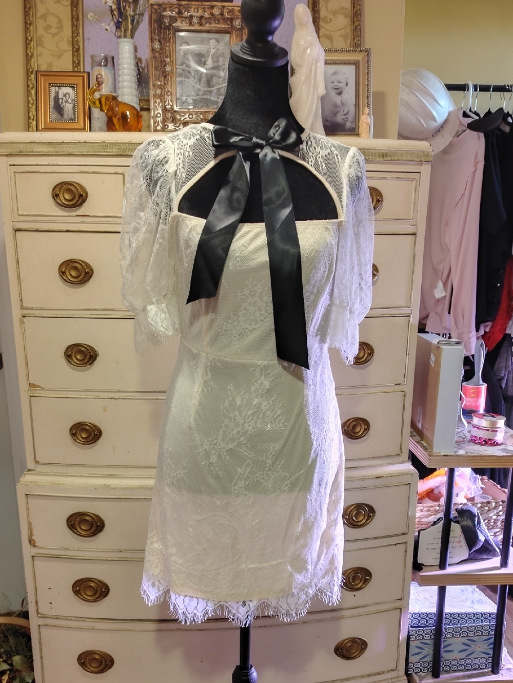 SHEIN White Lace Mini Dress with Black Satin Neck Tie